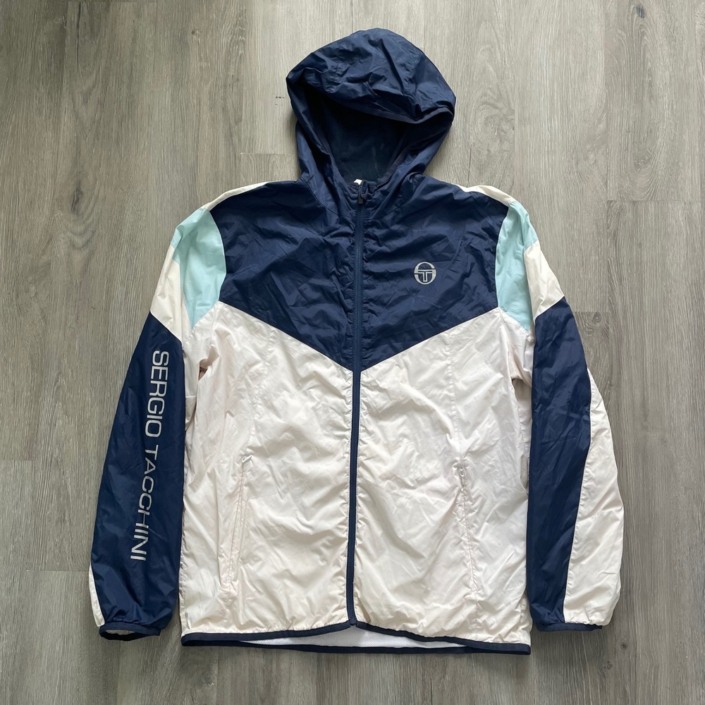 Sergio Tacchini Windbreaker Jacket Mens Large Navy White Colorblock Good Hooded